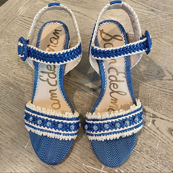 Sam Edelman Olisa Raffia Block Heel Blue Sandal - Picture 5 of 11